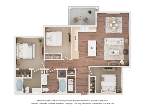 Floor plan for 3 beds, 2 baths, 1217 sqft